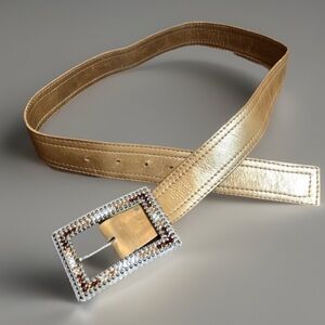 Vintage Glam Rock 1990 sz M 34 Light Gold Metallic Bling Rhinestone Leat…